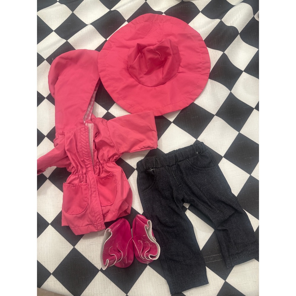 18" Doll like american doll Rainy Day Outfit Pink Raincoat Hat Denim Pants Set